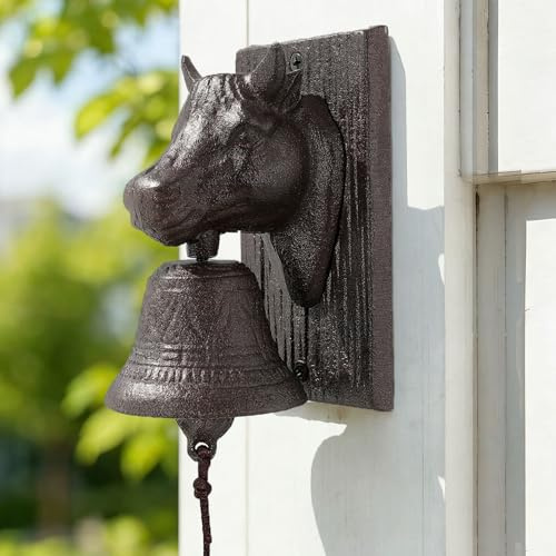 Cloche de dîner en fonte, cloche de porte extérieure rétro en métal en forme de tête de vache, cloche à suspendre pour cour ou jardin, sonnette de porte décorative à suspendre manuellement pour