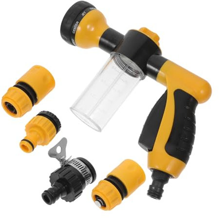 POPETPOP Dog Washing Sprayer Hose Nozzle Attachment with 4 Connectors, Portable Adjustable Garden Hose Sprayer for Pet Cleaning and Grooming, Yellow High-Pressure Pet Shower Accessory for Outdoor Use