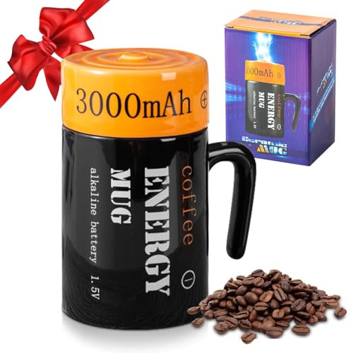Yuragim Cadeau de Noël pour Hommes, 350 ml Tasse 3D en Céramique, Drôle Tasse à Café Amusante en Forme de Batterie avec Couvercle, Idee Cadeau Anniversaire Papa, Collegue, Amie, Papi, Beau Pere