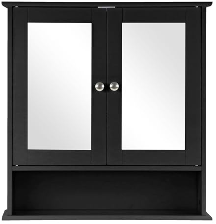 Livhome Bathroom Wall Cabinet with Double Mirror Doors, Wall Mounted Wooden Bathroom Mirror Cabinet, Mirrored Bathroom Cabinets with Shelf for Toiletries and Compact Spaces (Black)
