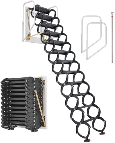 VEVOR Attic Ladder Wall-Mounted, 660LBS/299.4KG Capacity, Fits 9.5 to 10 ft Ceiling Height, 12-Step Steel Folding Stairs with Handrails, Pull Down Attic Ladders for Attics, Garages, Roofs, Basements