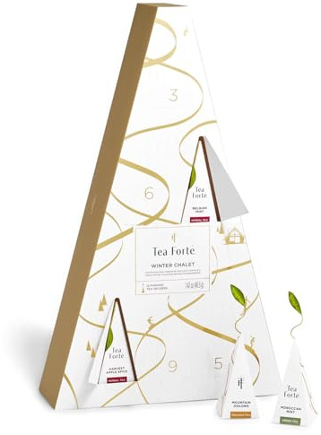 Tea Forte Tea Advent Calendar Gift Set; 12 Individually Wrapped Handcrafted Assorted Pyramid Infuser Tea Bags with Numbered Doors, Winter Chalet
