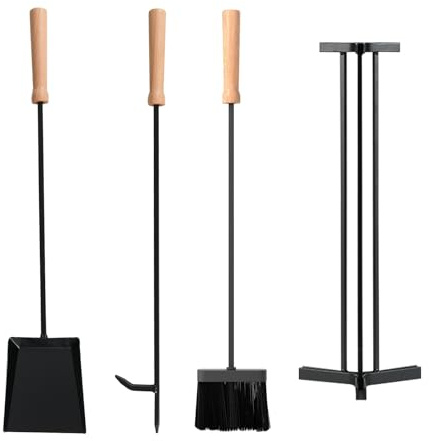 GIANTEX Kaminbesteck 4-teilige Kamingarnitur aus Besen Schaufel Schürhaken mit Ständer 65 cm Holzgriffe Ofenbesteck Kaminbesteck Kamin Besteck Set Kaminset Kaminzubehör Ofen Besteck Set Schwarz