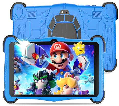 Semeakoko Kinder Tablet 7 Zoll Android 15, Tablet Kinder mit Sturzschutzgehäuse 10GB RAM + 64GB ROM (TF 1TB), Octa-Core, 2.0GHz, 2.4G/5.0G WiFi, 4000mAh, BT5.0 Kids Tablet(Blau)