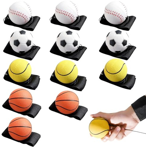 VEGOATY 12 Stück Springball Mit Schnur, ø 6cm Neon Springball, Sport Handgelenk Ball, Handgelenk Returnball Auf Einem Schnurrebound Ball, Fußball/Basketball/Tennis/Baseball (Mehrfarbig)