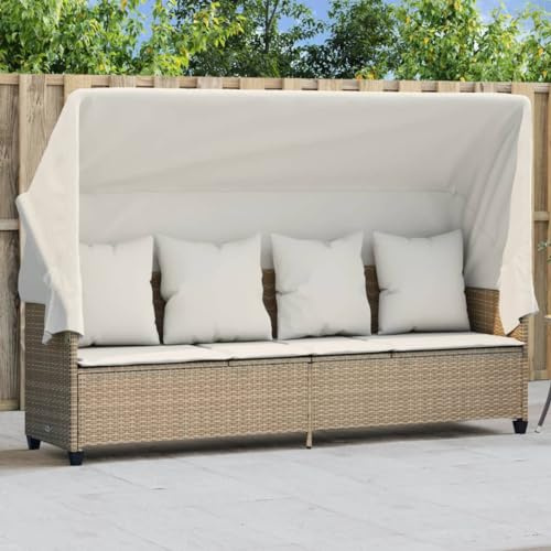 Frdhee Sonnenliege Bodenliege,Sonnenliege mit Dach und Kissen Beige Poly Rattan,Kippliege für Camping,Garten,Pool