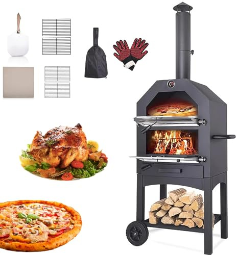 Four à pizza portable à bois avec thermomètre intégré, pierre à pizza, spatule et couvercle étanche pour une cuisson facile en plein air