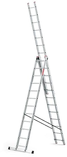 BAULICH - Multifunktionsstege - Aluminiumstege - 3-I-1 Anläggningsstege, Stativstege, Trappstege - 12 Steg - Tredelad, Professionell, för Hus-, Renoverings- och Byggarbeten, med Stabilisator, Silver