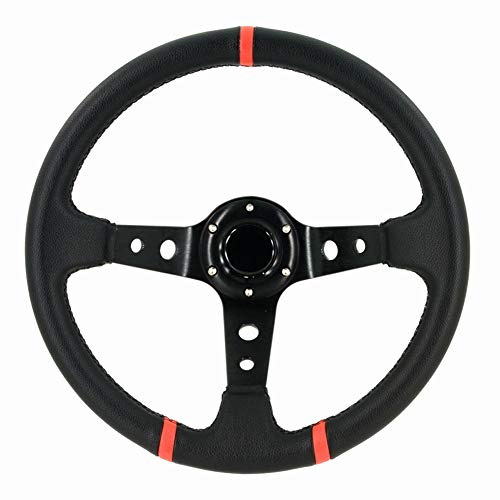 AUTO-STYLE Universal Sportlenkrad 'Deep-Dish - Ø350mm - Schwarz PU-Leder + Schwarze Speichen + Rote Streifen