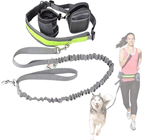 Cadrim handsfree hundkoppel promenadbälte justerbart med 2-pack väskor och reflekterande remsa 38 kg (grå)
