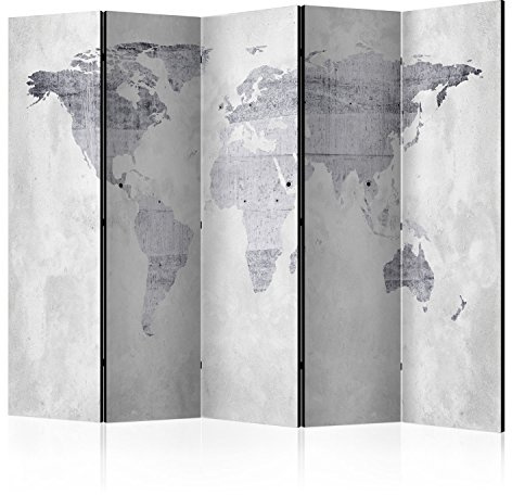 RAUMTEILER/PARAVENT B&D XXL - Paravent Raumteiler Innen Weltkarte 225x172 cm 5-teilig Einseitig Raumtrenner Trennwand Holz Room Divider Spanische Wand Raum Abtrennung grau k-A-0015-z-c