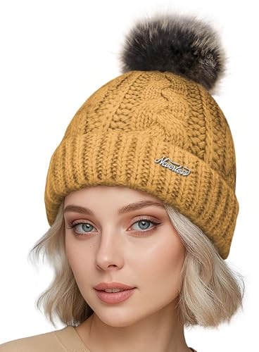 Neverless® Damen Strickmütze mit Pompom Zopfstrickmuster Bommelmütze gefüttert mit Fleece Wintermütze Model 1979
