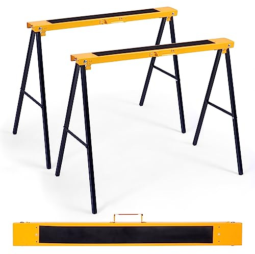 Goplus Saw Horses 2 Pack, Folding Portable Work Horse with Fast Open Legs, Convenient Handle, Heavy Duty Steel Sawhorse for Garage, Workshop, Fully Assembled
