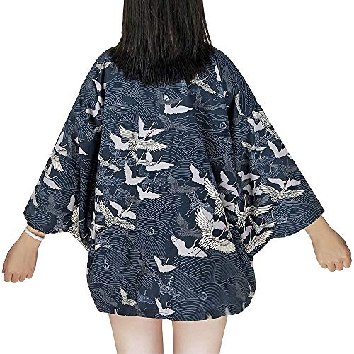 G-like Cardigan kimono japonais pour femme - Automne Harajuku de style ancien peignoir cardigan protection solaire vêtements pyjama veste plume tricot manteau, Grue bleue, L/4XL