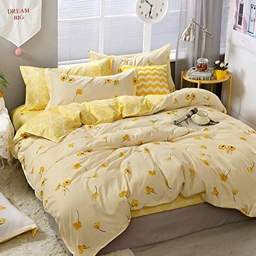 Gelbe Blumen Tröster Abdeckung Mädchen Frauen Luxus Bettwäsche Set Glück Klee und Gelb Plaid Reversibel Design Kinderzimmer Dekor Bettwäsche 1 Bettbezug 1 Kissenbezug (135x200, Gelb)