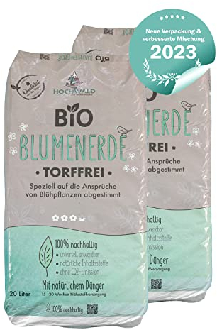 Hochwald - Bio Blumenerde 40 L torffrei mit nachhaltigem Langzeitdünger - Pflanzenerde mit Natur Dünger für Balkon, Beet - & Zimmerpflanzen - Grünpflanzen Universal Blumen Erde mit Bodenhilfsstoffen