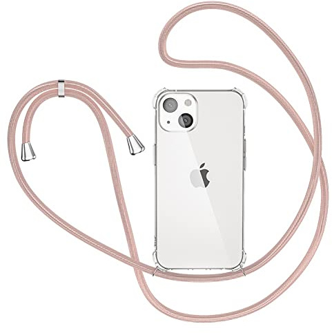 für iPhone 13 Hülle mit Band Transparent Handyhülle Stossfest Schutzhülle - Schnur mit Case zum Umhängen in Roségold