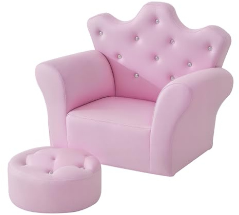 HOMCOM Sofá para Niños con Reposapiés Sillón Infantil Decorativo con Respaldo Alto en Forma de Corona y Reposabrazos Acolchado 58x40,5x49 cm Rosa