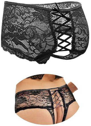 ohyeahlady Tangas Abierto Sexy para Mujer Bragas Encaje Talla Grande Negro
