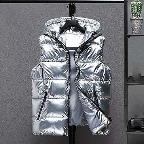 Damen Ärmellose Daunenweste - Winter Plus Größe Damen Daunenweste Mode Glänzende Kapuze Dicke Retro-Kurzjacke Wasserdichte Ärmellose Daunenjacke Jacke Warme Silberne Weste Outdoor-Sport Elegant