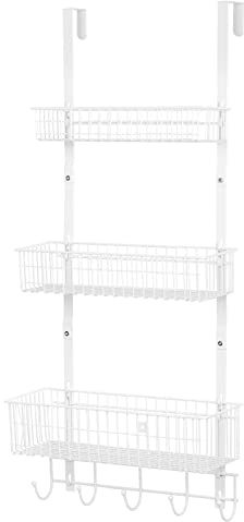 YBING Tür-Organizer mit Haken, Türaufhänger, Handtuchhalter mit 3 Netzkörben, Rückseite der Tür, Hängeregal hinter der Tür, Speisekammer-Organizer für Badezimmer, Schlafzimmer, Weiß