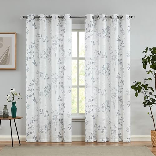 Beauoop Grey Semi Sheer Floral Curtains for Living Room 90 Drop Linen Textured Farmhouse Curtains for Bedroom Leaf Printed Eyelet Rustic Drapes Window Treatment Set 2 Panels