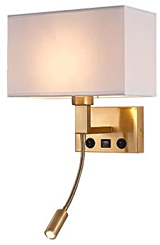 Jadssox Applique Murale dorée Abat-Jour en Tissu Appliques murales Modernes avec Port de Charge USB, Interrupteur Marche/arrêt Montage Mural LED Lecture projecteurs pour Chambre Chevet Salon