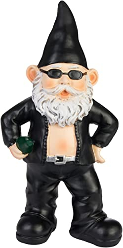 Brubaker Cool Nano da Giardino Biker Nero - Gnomo Rocker con Occhiali da Sole - Statuetta da Giardino Divertente - Decorazione Resistente alle Intemperie per Giardino e Campeggio - 24 cm