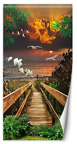 Feeby Türtapete selbstklebend Strand Sonnenuntergang Fußgängerbrücke 88x200 cm Türposter Türsticker Fototapete Wohnzimmer Schlafzimmer Kinderzimmer Büro Blumen Palmen Vögel Orange