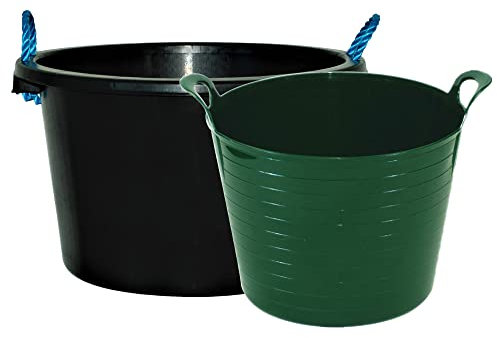 Large 42L Flexi Tub With 45L Storage Bucket Multipurpose Flexible Plastic Storage Container Bucket Tub Trugs Flex Tub Strong Plastic For Home Garden Construction (Dark Green + Black)