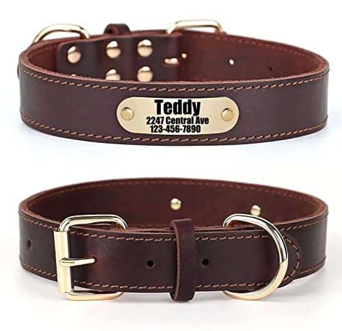 SLZZ Personalisiertes Hundehalsband aus echtem Leder mit Hundename Telefonnummer/langlebiges verstellbares Hundehalsband für X-Klein Klein Mittel Groß X-Groß Hunde-XL