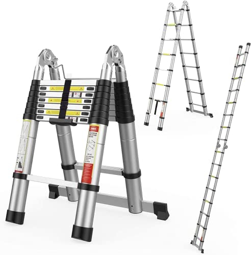 BOWEITI 5m Teleskopleiter, Teleskop Einer Rahmenleiter mit Balance Bar und beweglichem Rad, Haushaltsgebrauch faltende Leiter, Mehrzweck zusammenklappbare Leiter für Außenarbeit