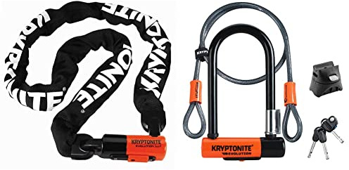 Kryptonite 815 Evolution Series 4 1016 Kettenverschlusskette Mit Vorhängeschloss, schwarz, 160cm & Evolution Mini 7 Kabel Kryptoflex Verschluss, schwarz/orange, One Size