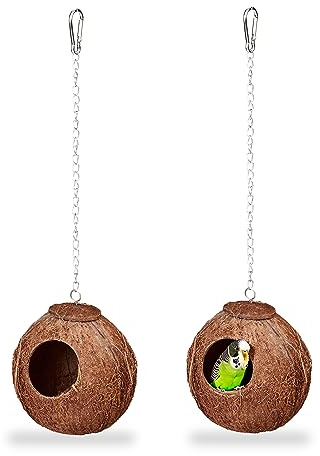 Relaxdays Altalena per Pappagalli, Set 2 Nidi in Cocco per Uccelli e Canarini Accessorio per Gabbietta, Marrone Naturale