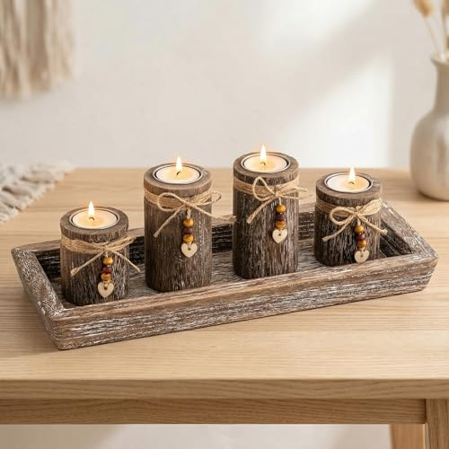 Farmhouse Couchtisch Dekor Kerzenhalter – Romadedi Boho Holztablett mit 4 Teelichthaltern für Tische, Tafelaufsatz, Heimdekoration, Wohnzimmer, Kamin, Küche