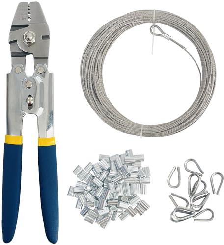 Socpuro Wire Rope Crimping Tool Kit, Crimping Swaging Plier with 1/16 Inch x 100ft Stainless Steel Cable, 100Pcs Aluminum Crimping Loop Sleeve and 12Pcs Wire Rope Thimbles Kit