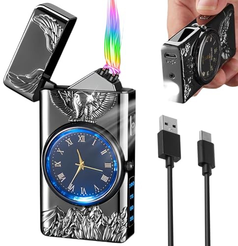 Briquet électrique plasma : arc électrique rechargeable par USB, avec horloge et fonction d'éclairage LED, coupe-vent, indicateur de batterie LED, cadeau pour homme (Aigle)