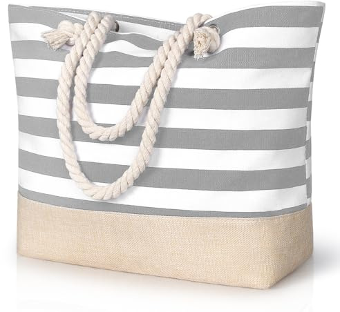 Paneerte Waterproof Beach Bag for Women - Travel Holiday Essentials With Zip and Rope Handle, Grey