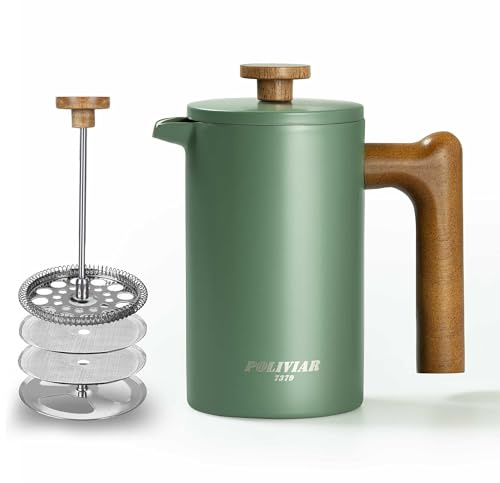 POLIVIAR – Cafetière à piston à 4 tasses avec poignée en bois – Cafetière à piston en acier inoxydable pour un bon café et thé – Cafetière isotherme à double paroi avec 1 filtre supplémentaire