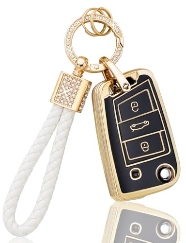 BLINGOOSE Schlüssel Hülle für VW Volkswagen Polo Tiguan Golf 7 MK7 Touran T ROC Cross Taigo 3 Tasten Auto Schlüsselcover Schlüsselbox Schlüsselgehäuse Zubehör Glitzer Keychain Schwarz Gold TPU