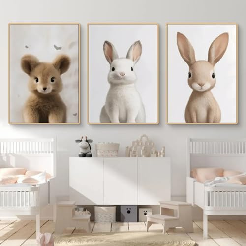 Ueiwffzo 3er Set Bilder Kinderzimmer & Babyzimmer, Stilvolle Poster Set mit Wunderschönen Hasen Motiven Leinwandbildern ohne Rahmen, Ideal Wanddeko für Kinderzimmer Babyzimmer (21 x 30 cm)