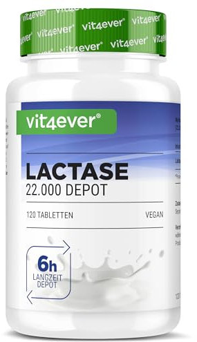 vit4ever Laktase 22.000 Depot - 120 Tabletten mit Depotwirkung (Sepismart® Slow Release) - Hochdosiert mit 22.000 FCC-Einheiten - Bei Laktoseintoleranz + Milchunverträglichkeit - Vegan