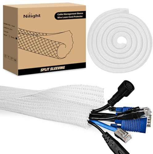 Nilight Cable Sleeve, 25ft-1inch Cable Management Sleeves, Braided Cable Sleeving, Split Self Wrapping Wire Loom for Computer Cable Electrical Wire Automotive Harness Protector Organizer, White