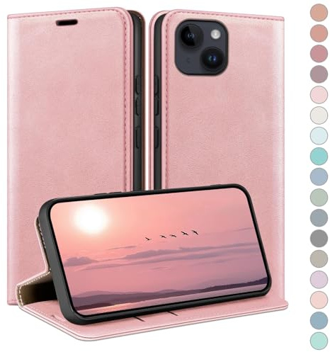 HUOUH Coque pour iPhone 15 6.1 avec RFID Blocage Etui à Rabat en Cuir de Premium,Fentes pour Cartes,Coques de Case,Cover à Rabat pour Apple 15 Portefeuille Or Rose