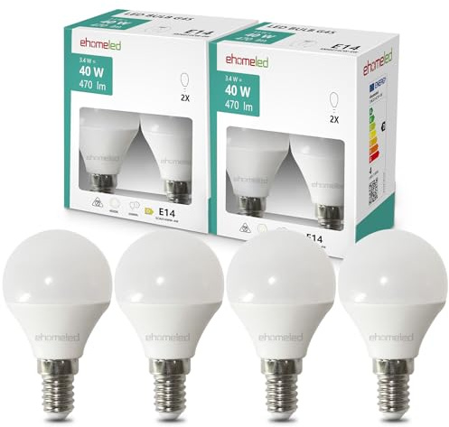ehomeled E14 LED Lampe 40W Ersetzt 3.4W 470 Lumen E14 LED Lampen, Tageslichtweiß (4000K) Glühbirne, P45/G45 Tropfenform Birne, 220-240V Energiesparlampe, nicht Dimmbar Leuchtmittel, 4 Stück
