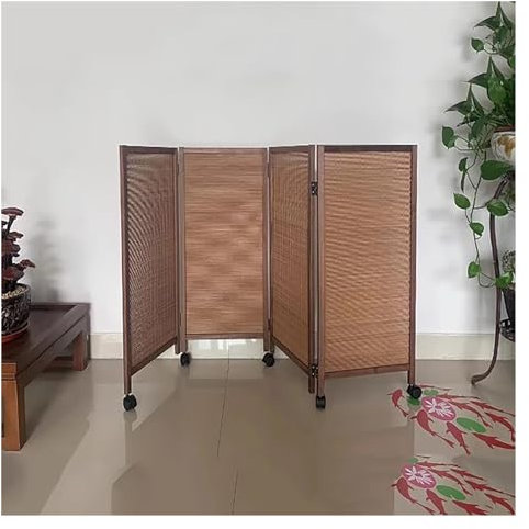 Foldable 4-Panel Outdoor Room Divider on Wheels for Privacy - Brown Rolling Privacy Screen for Room Separation - Portable Wall Divider 48 High
