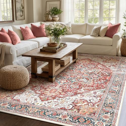 XSIVOD Vintage Large NonSlip Washable Rug Living room, 120x180cm Orange/Red | Soft Low Pile Oriental Rugs, Rubber Backing, Stain & Fade Resistant, Floor Carpet for Bedroom Living Room Teen Room Playroom