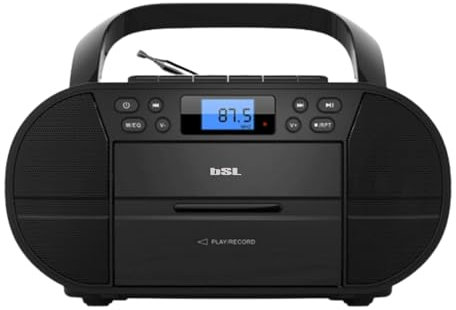 BSL Boombox JL2021A Radio CD portable avec cassette et Bluetooth 6 W de puissance RMS Radio FM et port USB Compatible avec fichiers MP3 Écran LCD Entrée AUX IN et sortie écouteurs