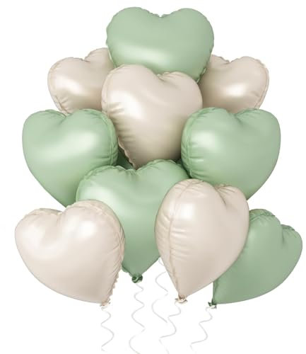 Lot de 10 ballons en aluminium en forme de cœur - Blanc crème - 45,7 cm - Beige - Ballons en aluminium en forme de cœur - Pour anniversaire, fête prénatale, mariage, fiançailles, Saint-Valentin (vert