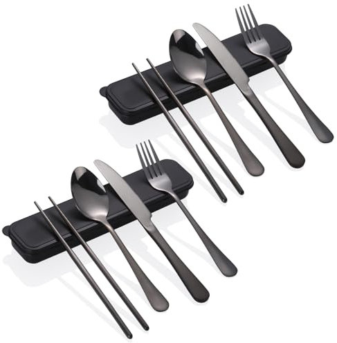 MICHIHOMIE 2 Pack Travel Cutlery Set with Case, Portable Camping Cutlery Set, Stainless Steel Flatware Include Knife Fork Spoon Chopsticks for Travel, Lunch Box, Work (Black)